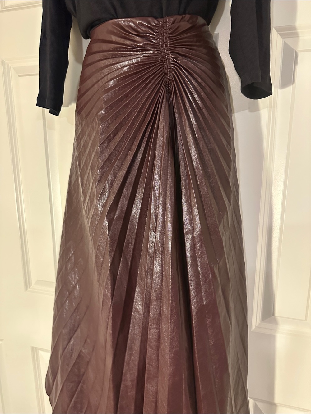 A.L.C. Pleated Faux Leather A-Line Skirt in Brown - Picture 3 of 9